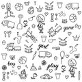 Doodle toys for cute little babies. Hand drawn children drawings.