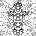 Doodle Traditional Tribal Totem Pole on plants background, coloring book