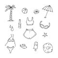 Doodle travel accessories set, palm, sea star, sunglasses, lollipop, umbrella, rainbow, cap, bottle, tank top, shorts