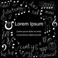 Doodle Treble Clef, Bass Clef, Notes and Lyre. Lettering of Blues, Electronic, Jazz, Rap, Disco, Folk, Country, Rock, Classical