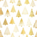 Doodle tree pattern gold foil on white seamless vector pattern. Metallic golden foil Christmas trees repeating background hand Royalty Free Stock Photo