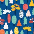 Doodle trees seamless vector kids pattern. Repeating abstract nature background various forest trees pink orange red Royalty Free Stock Photo