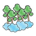 Doodle tropical trees branches stalk with clouds Royalty Free Stock Photo