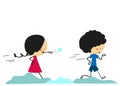 Doodle two kids play throw snowballs - Full Color Royalty Free Stock Photo