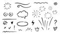 Doodle underline, emphasis, line shape set. Hand drawn swirl swoosh, love, speech bubble, underline element