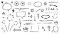 Doodle underline, emphasis, line shape set. Hand drawn swirl swoosh, love, speech bubble, underline element