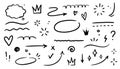 Doodle underline, emphasis, line shape set. Hand drawn swirl swoosh, love, speech bubble, underline element