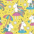 Doodle unicorn seamless pattern with yellow background