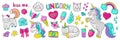 Doodle unicorn stickers. Pop art fashion elements, modern trendy comic 90s icons. Vector cartoon rainbow cat heart star