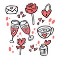 Doodle Valentine objects set. Line art style vector art.