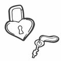 Doodle Valentine\'s Day hearts padlock set. Hand drawn outline love symbol on white background.