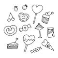 Doodle Valentines Day sweets set. Hand drawn hearts desserts