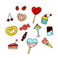 Doodle Valentines Day sweets set. Hand-drawn hearts desserts Royalty Free Stock Photo