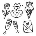 Doodle Valentines elements set. Line art sign collection in cartoon style vector illustration