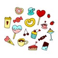 Doodle Valentines sweets, coffee with hearts set Royalty Free Stock Photo