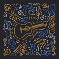 Doodle vector background, acoustic guitar. Poster music concert, festival Royalty Free Stock Photo