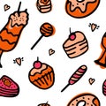 Doodle vector. Bakery,Cakes and dessert,pastries icons set. Hand drawn elements for logo,label,menu,cafe shop Royalty Free Stock Photo