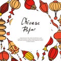 Doodle vector banner with chinese paper lanterns. Flat colorful icons oriental decoration of china culture. Illustration Royalty Free Stock Photo