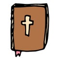 the bible icon with a brown cross. a doodle-style isolated religious book, closed with a pink bookmark, on white for a