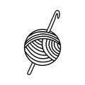 Doodle vector illustration of round yarn skein with crochet hook. Knitting crocheting hobby crafts concept. Icon for handmade