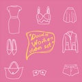 Doodle vector isolated fashion set of women clothes, White clothes icons. Royalty Free Stock Photo