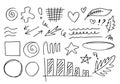 Doodle vector lines and curves.Hand drawn check and arrows signs. Set of simple doodle lines, curves, frames and spots. Collection Royalty Free Stock Photo