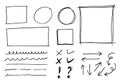 Doodle vector lines and curves.Hand drawn check and arrows signs. Set of simple doodle lines, curves, frames and spots. Collection Royalty Free Stock Photo