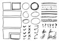 Doodle vector lines and curves.Hand drawn check and arrows signs. Set of simple doodle lines, curves, frames and spots. Collection Royalty Free Stock Photo