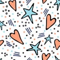 Doodle vector pattern with hearts and stars. Romantic wallpaper for textile, clothes, wrapping paper.
