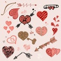 Doodle vector romantic set. Collection of hearts. Vintage elements for valentines day card, wedding, love theme. Hand Royalty Free Stock Photo