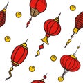 Doodle vector seamless pattern of chinese paper lanterns. Flat colorful icons oriental decoration of china culture Royalty Free Stock Photo