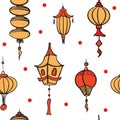 Doodle vector seamless pattern of chinese paper lanterns. Flat colorful icons oriental decoration of china culture Royalty Free Stock Photo