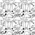 Doodle vector seamless pattern Food waste problem with garbage and undomestic cats