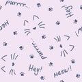 Doodle vector seamless pattern with words meow, purr, hey!, cats and cat footprints.