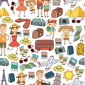 Doodle vector set Travel , vacation, adventure. Children with parents Preparing for your journey. Kindergarten, school