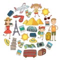 Doodle vector set Travel , vacation, adventure. Children with parents Preparing for your journey. Kindergarten, school