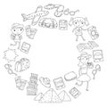 Doodle vector set Travel , vacation, adventure. Children with parents Preparing for your journey. Kindergarten, school