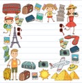 Doodle vector set Travel , vacation, adventure. Children with parents Preparing for your journey. Kindergarten, school Royalty Free Stock Photo