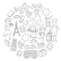 Doodle vector set Travel , vacation, adventure. Children with parents Preparing for your journey. Kindergarten, school Royalty Free Stock Photo