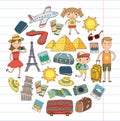 Doodle vector set Travel , vacation, adventure. Children with parents Preparing for your journey. Kindergarten, school