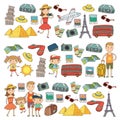 Doodle vector set Travel , vacation, adventure. Children with parents Preparing for your journey. Kindergarten, school