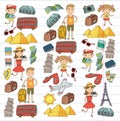 Doodle vector set Travel , vacation, adventure. Children with parents Preparing for your journey. Kindergarten, school