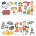 Doodle vector set Travel , vacation, adventure. Children with parents Preparing for your journey. Kindergarten, school Royalty Free Stock Photo