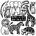 Doodle vector sketch with african animals: lion, monkey, snake, zebra and others.