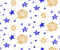 Doodle vector stars and suns seamless pattern. Hand drawn. Cartoon style Royalty Free Stock Photo