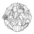 Doodle vegetables circle shape pattern for coloring book