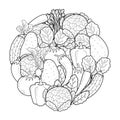 Doodle vegetables circle shape pattern for coloring book. Food mandala coloring page