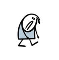 Doodle very tired stickman walks with a sad face and lowered hands. Vector illustration of person in depression.