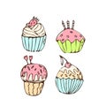 Doodle vintage cupcakes with cream - sweet food icon isolated