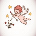 Doodle Vintage Greeting Card with Cartoon Cupid